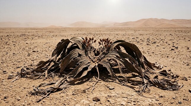 Ancient Welwitschia Mirabilis Plant in Namib Desert, Rare Prehistoric Flora in Arid Landscape, Survival and Resilience Concept.