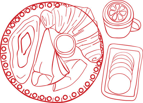 A top-down view of a delicious breakfast set featuring a croissant, an omelet or pancake, a cup of tea with lemon, and a side of sliced fruit or sausage