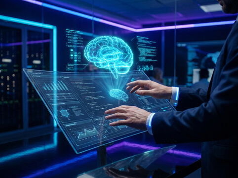 Human hand touching digital brain with AI chip and data analytics on virtual screen. Concept of artificial intelligence, machine learning, big data, digital analytics dashboard, and modern technology.