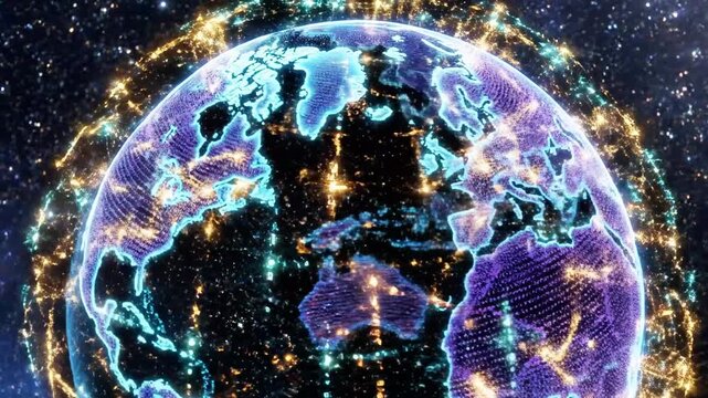 A vibrant, digitally rendered globe showcases interconnected networks and city lights against a starry night sky