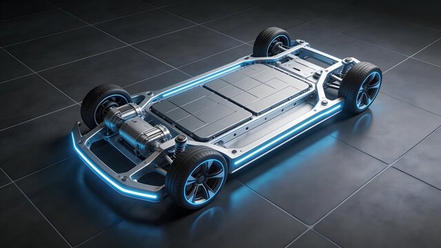 Electric vehicle chassis with glowing blue lights