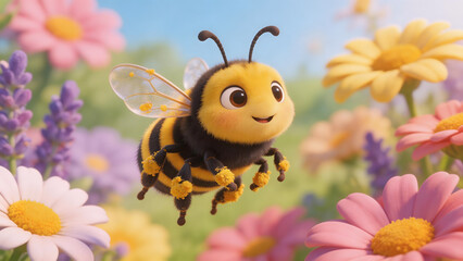 Fototapeta premium Animated bee flying among flowers