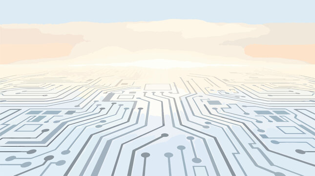 Abstract vector illustration of a vast electronic circuit board landscape with intricate microchip pathways, conductive traces, and digital hardware components in a futuristic layout.