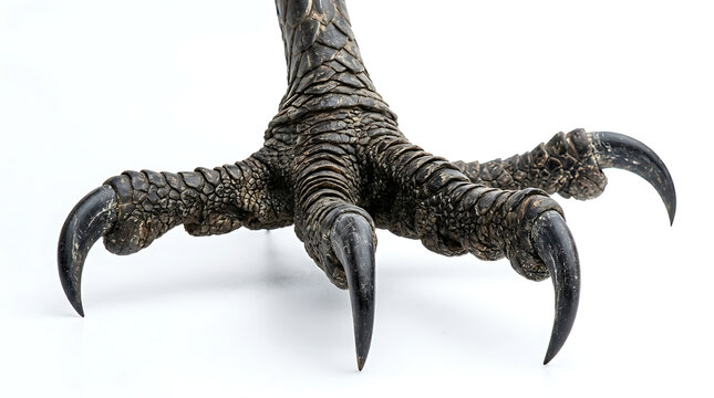 Close-up of powerful avian talons against a pristine white studio backdrop, showcasing sharp claws and textured skin