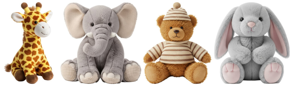 A charming group of plush toy animals including a giraffe, elephant, teddy bear, and bunny.