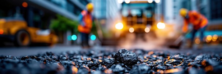 Obraz premium Fresh asphalt being laid on an urban road with workers and roller during city street repair