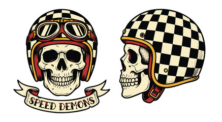 Vintage skull illustrations with motorcycle helmets and checkered design © colorshapppy