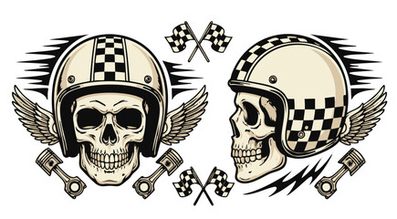 Vintage skulls with checkered helmets and racing flags © colorshapppy