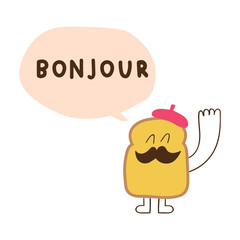 Cute French toast character in beret with bonjour speech bubble © Igor