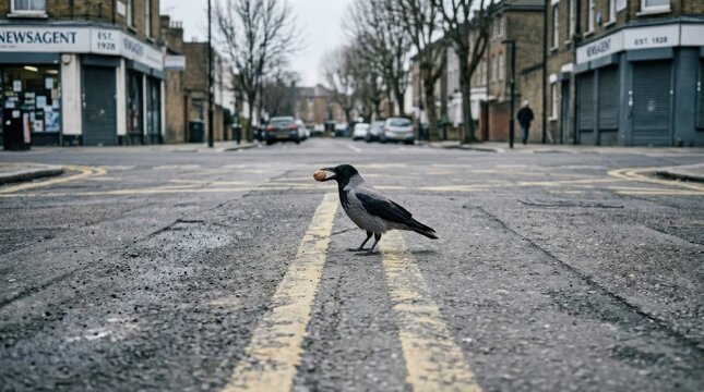 A solitary crow stands on a city street, observing its surroundings with a keen eye.