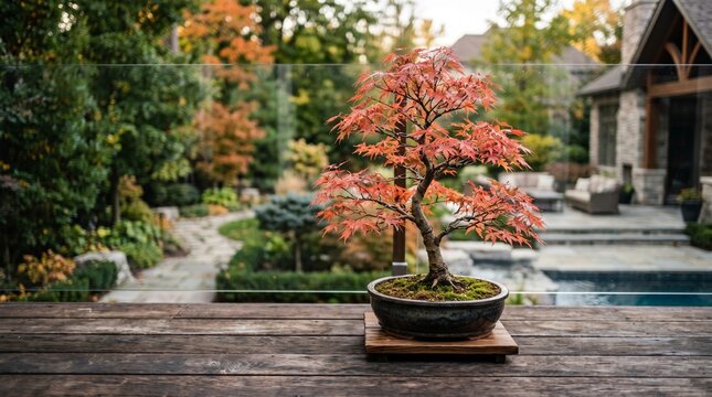 A serene bonsai tree with vibrant red leaves sits on a wooden table in a tranquil backyard garden surrounded by lush greenery and a pool.