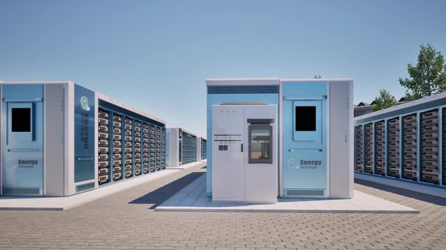 Alternative energy concept with 3d rendering group of energy storage systems or battery container units with solar panels 4k footage
