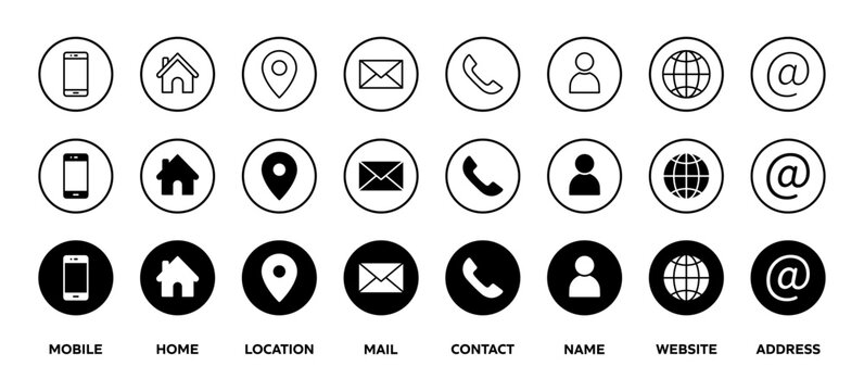Visiting card icon set, Contact and communication symbols, phone, email, location, user and web, Ui interface design for app and website, line and solid circle icons vector.
