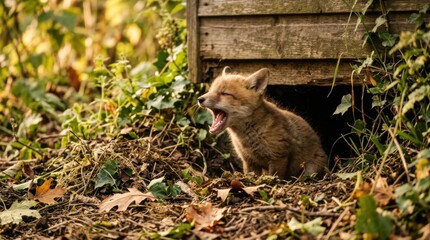 Fototapeta premium Adorable fox cub yawning in front of its den, surrounded by lush greenery and autumn leaves.