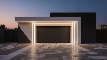 Fototapeta premium Modern Garage at Twilight with Illuminated Door