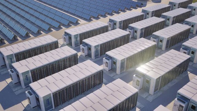 Alternative energy concept with 3d rendering group of energy storage systems or battery container units with solar panels 4k footage