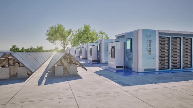 Alternative energy concept with 3d rendering group of energy storage systems or battery container units with solar panels 4k footage