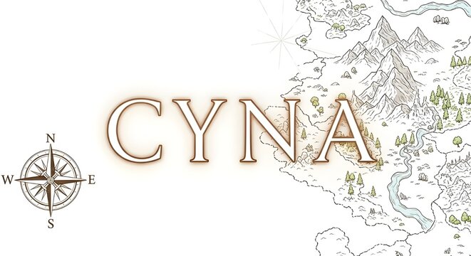 Elegant fantasy typography with medieval map illustration and compass rose decoration, featuring the word &ldquo;CYNA&rdquo; in a classic fantasy adventure style on a clean background.