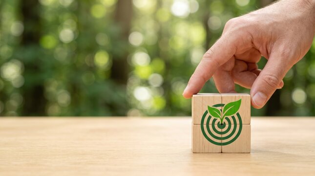 Hand touching wooden blocks with green leaf target logo symbolizing sustainability goals, eco-friendly strategy and environmental responsibility concept outdoors