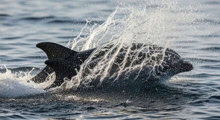 Fototapeta premium Dolphin Leaping Out of the Ocean Water with Splash and Sunlight.