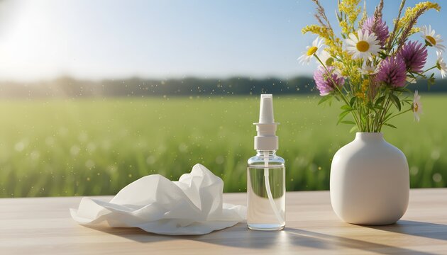 Nasal spray bottle and used tissue on a table with wildflowers for an allergic reaction to meadow environment concept, representing seasonal allergies relief in spring sunshine
