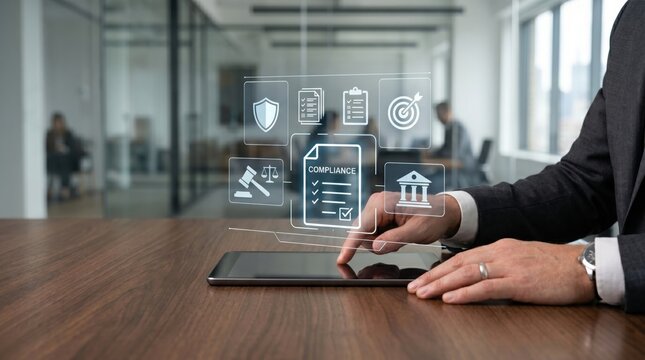 Legal compliance regulations and corporate governance checklist on tablet screen with justice icons for business law concept