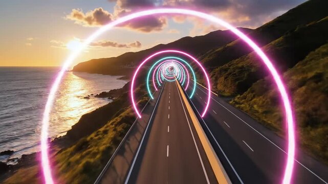 Aerial view of a scenic coastal highway at sunset with glowing neon rings creating a futuristic portal effect, travel, journey, future, technology