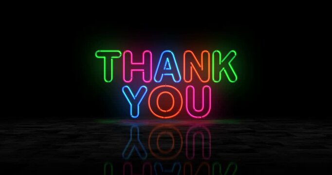 Thank you neon glowing symbol. Light color bulbs. Gratitude abstract concept 3d animation.