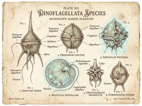 A vintage scientific plate of Dinoflagellata species. Detailed sketches show microscopic plankton with glowing bioluminescent parts on aged paper.