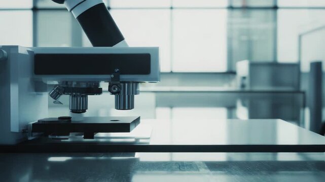 Modern microscope instrument with objectives and stage resting on a reflective surface in a bright, clean science laboratory, supporting medical innovation and technological advancements