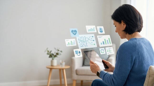 Senior woman monitoring personal health data and medical statistics on tablet at home, telemedicine and wellness tracking concept with floating charts and heart rate analysis