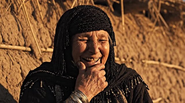 Close-up portrait of an elderly woman laughing joyfully, wearing a traditional black beaded headscarf and ornate silver bangles, standing against a rustic mud wall in warm sunset light.
