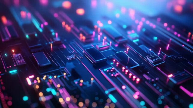 Electronic motherboard creating a cybernetic background, visualizing ai, big data, and high tech computing concepts with energy flowing through integrated microchips and futuristic components