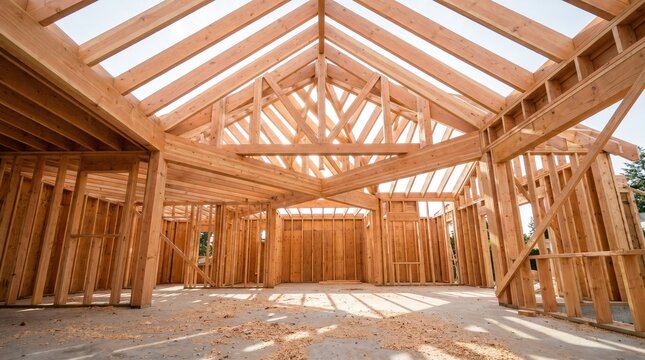Interior view of a new wooden frame house under construction with intricate roof trusses and wall studs on a concrete foundation