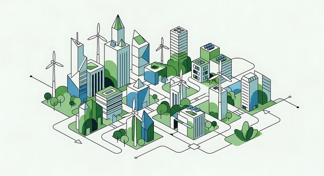 Sustainable cityscape with green buildings and renewable energy sources integrated