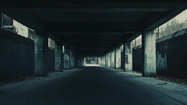 Empty dark urban underpass with concrete pillars, grunge graffiti on walls and strong vanishing point perspective, evoking a somber, mysterious, desolate pathway