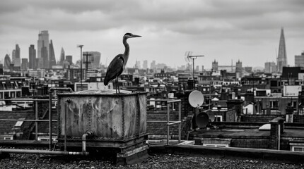 Obraz premium Heron Perched on Rooftop with London Skyline in Black and White.