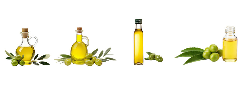 Healthy extra virgin olive oil in glass bottles and fresh green olives, perfect for cooking.