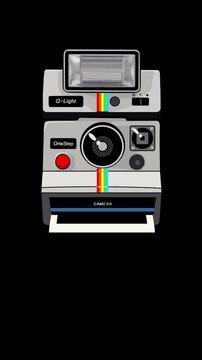 Professional 3D motion graphics of a pastel retro instant camera with Alpha Channel. Both the background and the photo area are transparent, allowing for easy drag-and-drop customization.