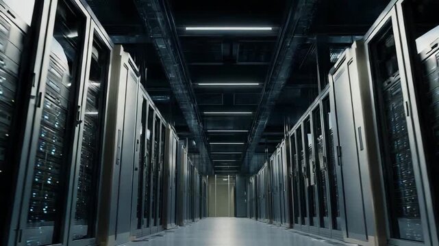 Large modern data center operating critical information technology systems on rows of server racks, providing robust network connectivity and digital security