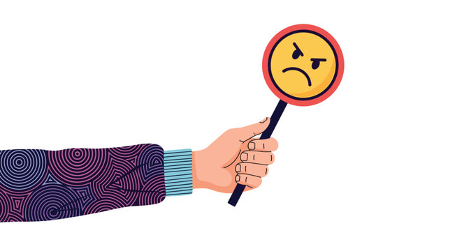 Hand wearing a patterned sleeve holding up a circular sign with an angry yellow face emoji against a clean white background background.