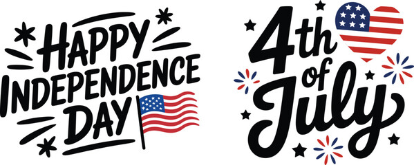 Happy independence day 4th of July typography vector set with USA flag fireworks and stars © noorskills