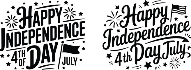 Happy independence day 4th of July typography vector set with USA flag fireworks and stars © noorskills
