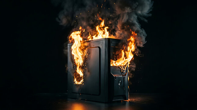 Computer tower engulfed in flames symbolizing system failure and data loss
