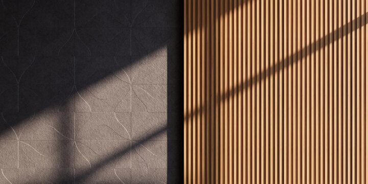 Aesthetic Presentation Background with Dark Embossed Pattern, Wood Slat Wall, and Dramatic Shadow for Brand Identity Mockup