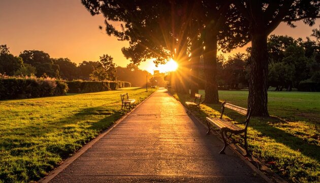 Pathway through park at sunset with trees and benches silhouette
