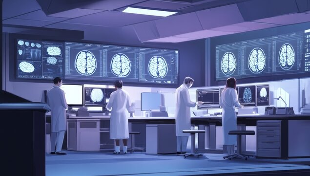 A modern medical laboratory with doctors and nurses working on multiple computer screens displaying brain images, showcasing the use of AI in mental health patient treatment