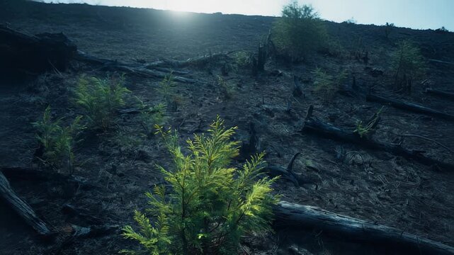 Young saplings thriving among charred logs and dark earth, symbolizing regeneration and hope in a devastated natural environment after ecological challenges
