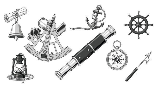 A collection of maritime navigation equipment including a compass, sextant, anchor, and telescope features grayscale line art on a clean white background.