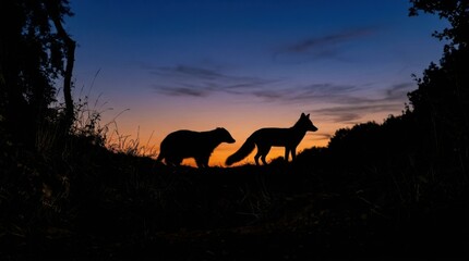 Fototapeta premium Silhouette of a Badger and Fox Against a Sunset Sky in Natures Embrace.